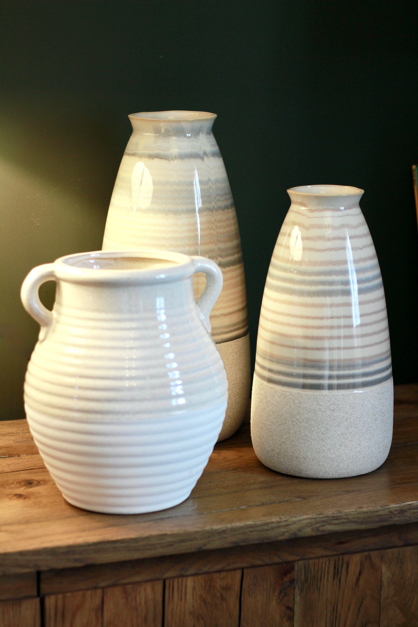 Beige Striped Ceramic Vase | Small & Large styled view – Leya Buster Interiors