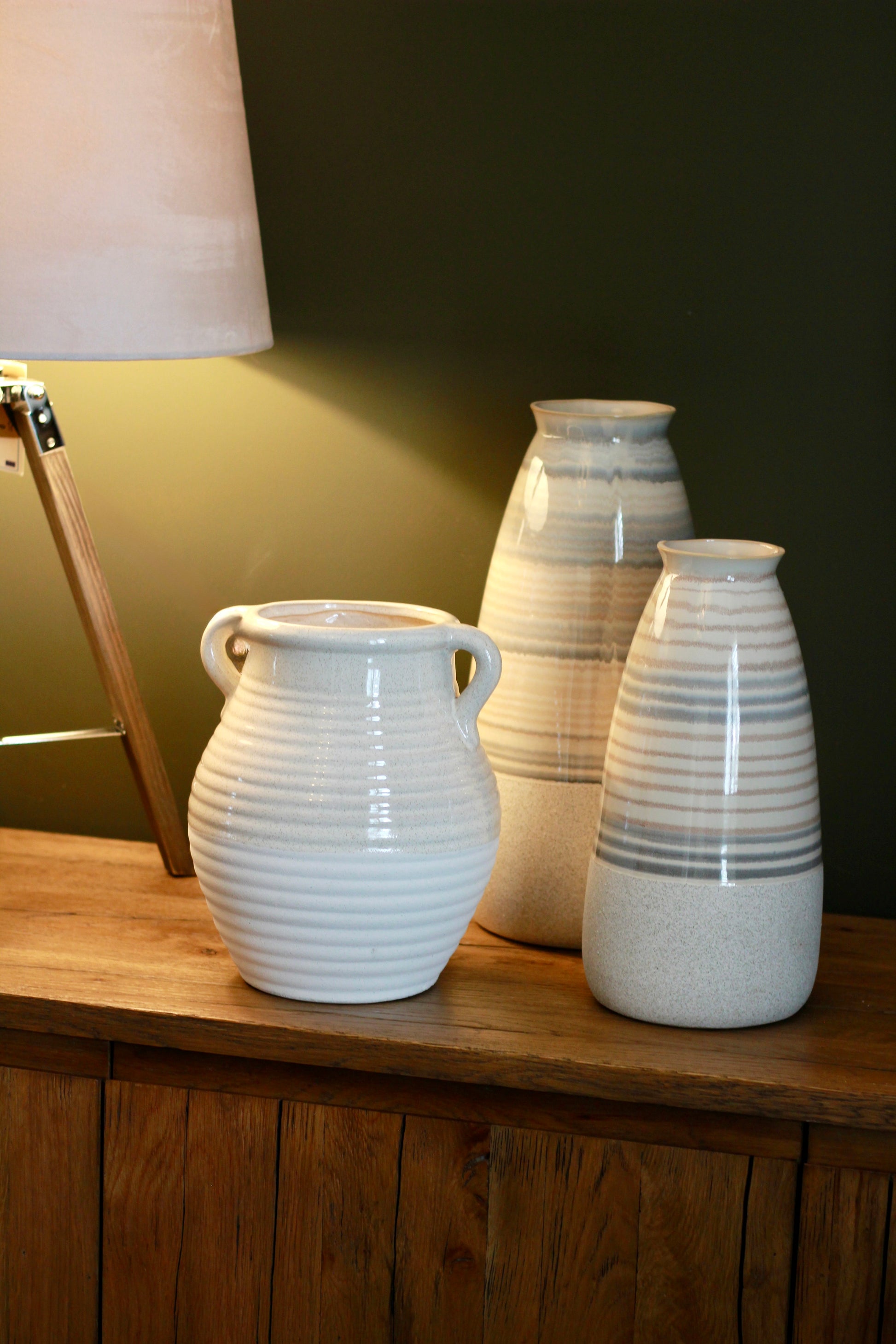 Beige Striped Ceramic Vase | Small & Large styled view – Leya Buster Interiors