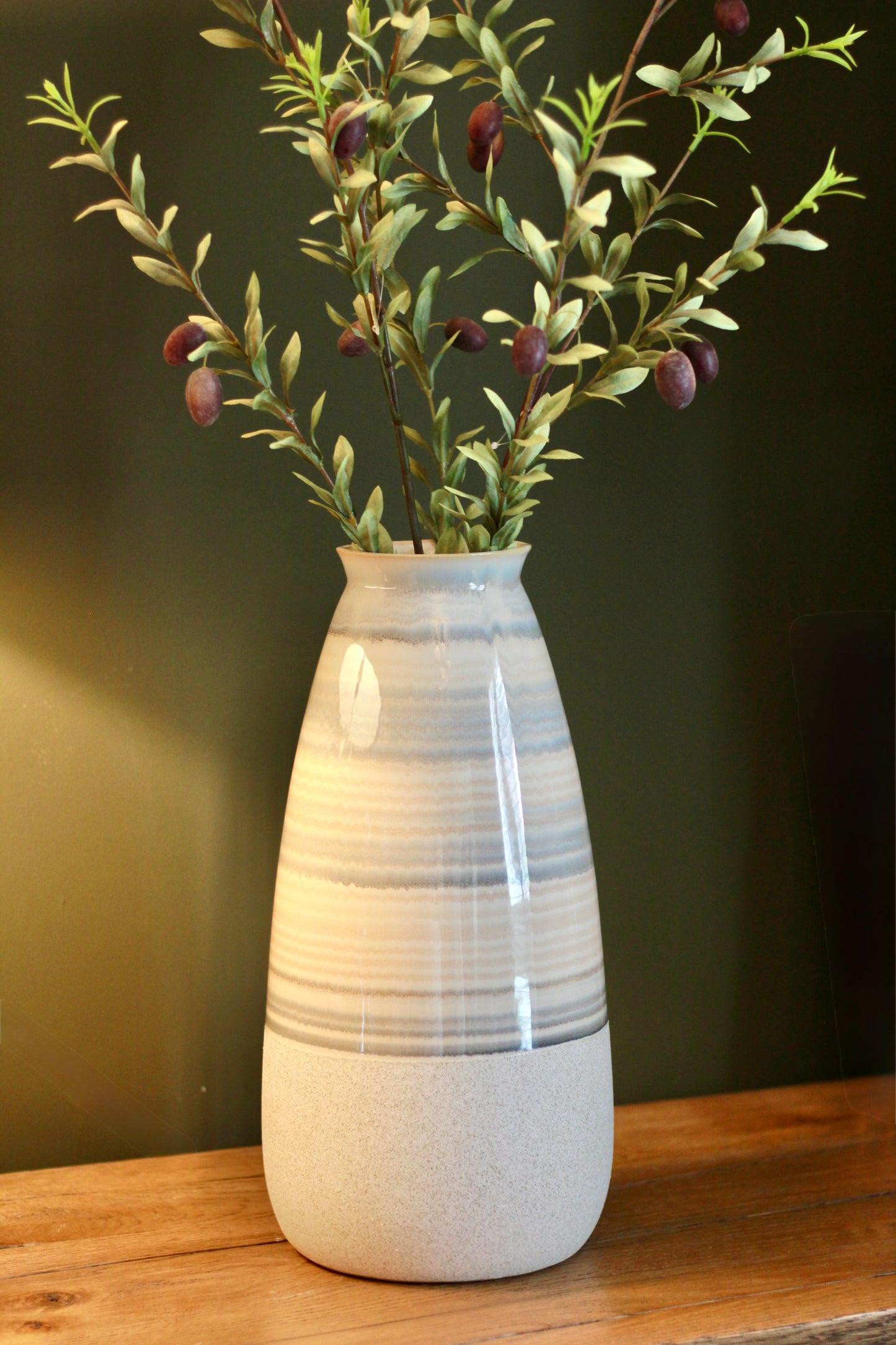 Beige Striped Ceramic Vase | Small & Large styled view – Leya Buster Interiors