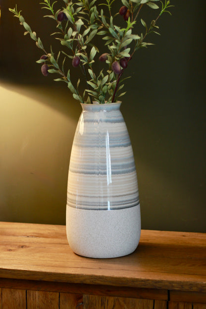 Beige Striped Ceramic Vase | Small & Large styled view – Leya Buster Interiors