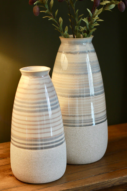 Beige Striped Ceramic Vase | Small & Large styled view – Leya Buster Interiors