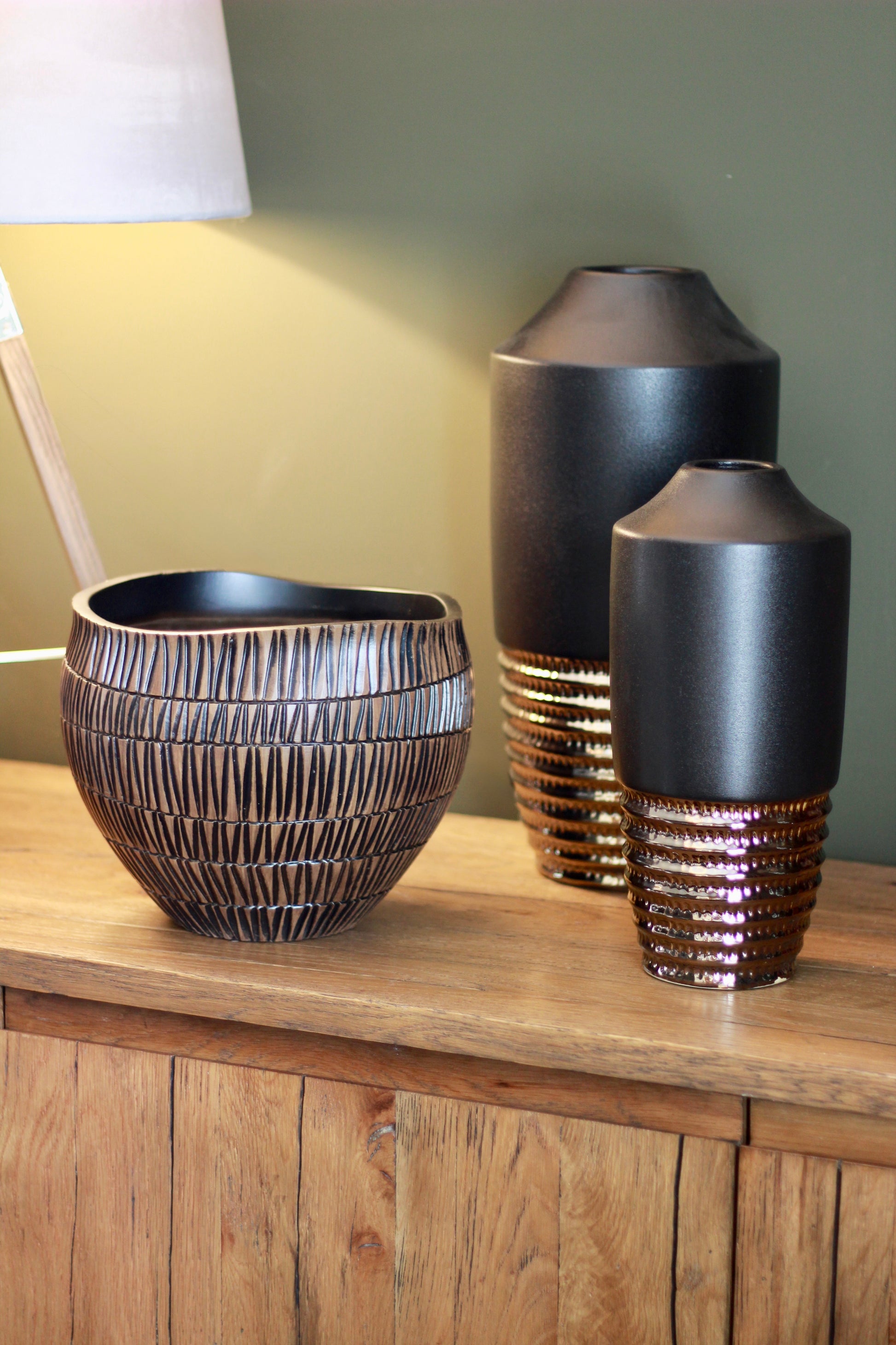 Carved Black & Brown Decorative Bowl styled view – Leya Buster Interiors