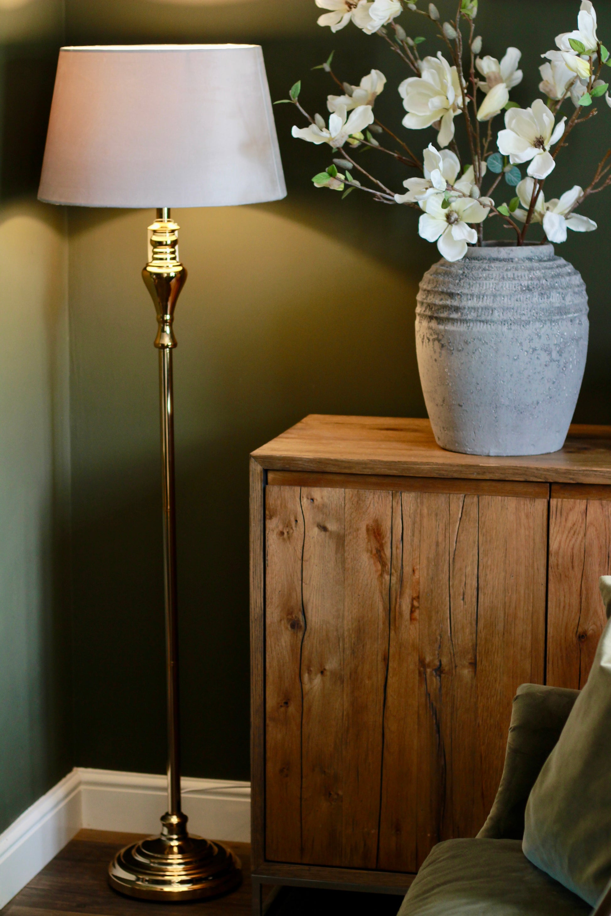 Gold Floor Lamp with Grey Velvet Shade styled view – Leya Buster Interiors