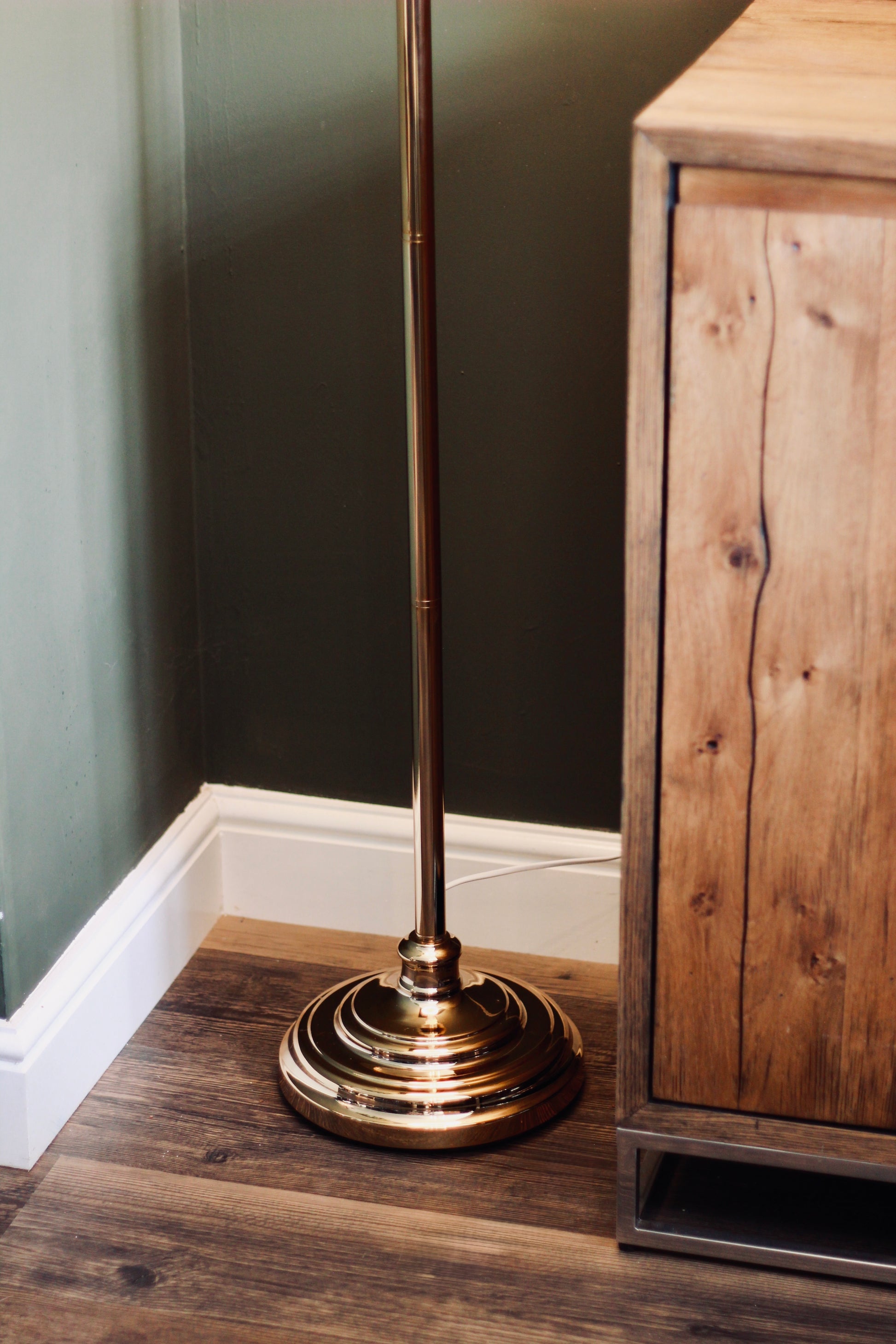 Gold Floor Lamp with Grey Velvet Shade styled view – Leya Buster Interiors