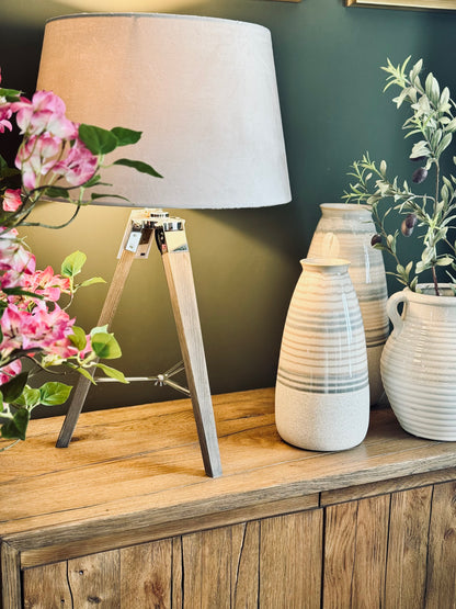 Grey Wooden Tripod Table Lamp with Velvet Shade – table lamp at Leya Buster Interiors