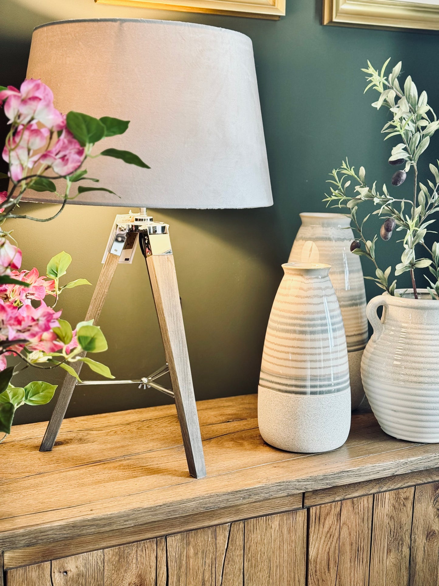 Grey Wooden Tripod Table Lamp with Velvet Shade detail – Leya Buster Interiors