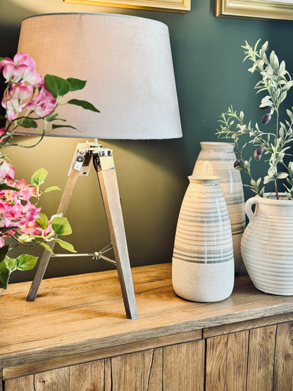 Grey Wooden Tripod Table Lamp with Velvet Shade detail – Leya Buster Interiors