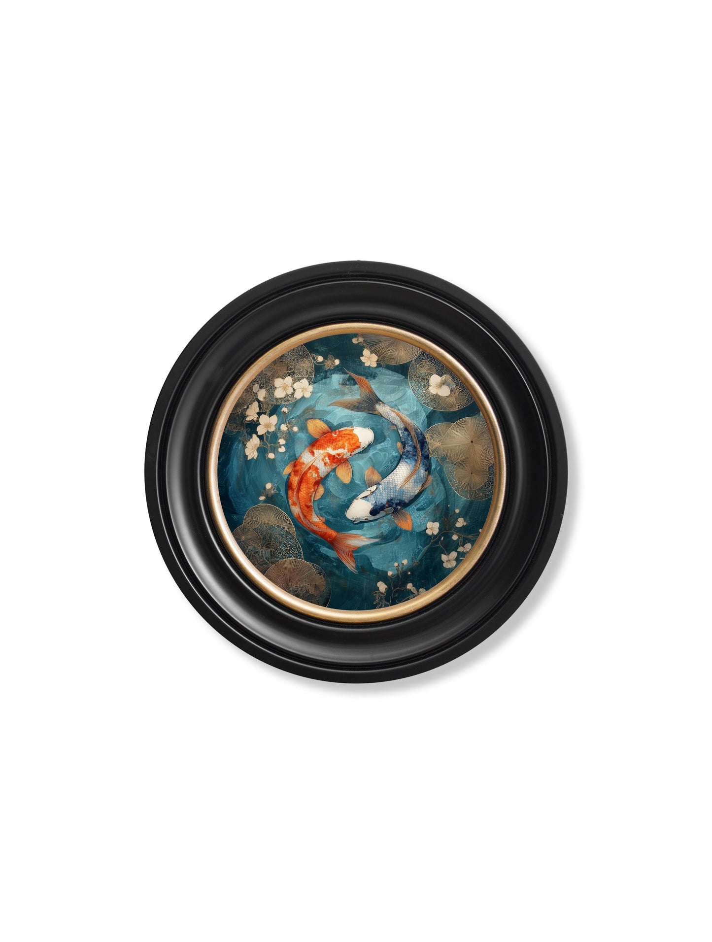 Japanese Koi Carp Dusk – Oxford Round Frame styled view – Leya Buster Interiors