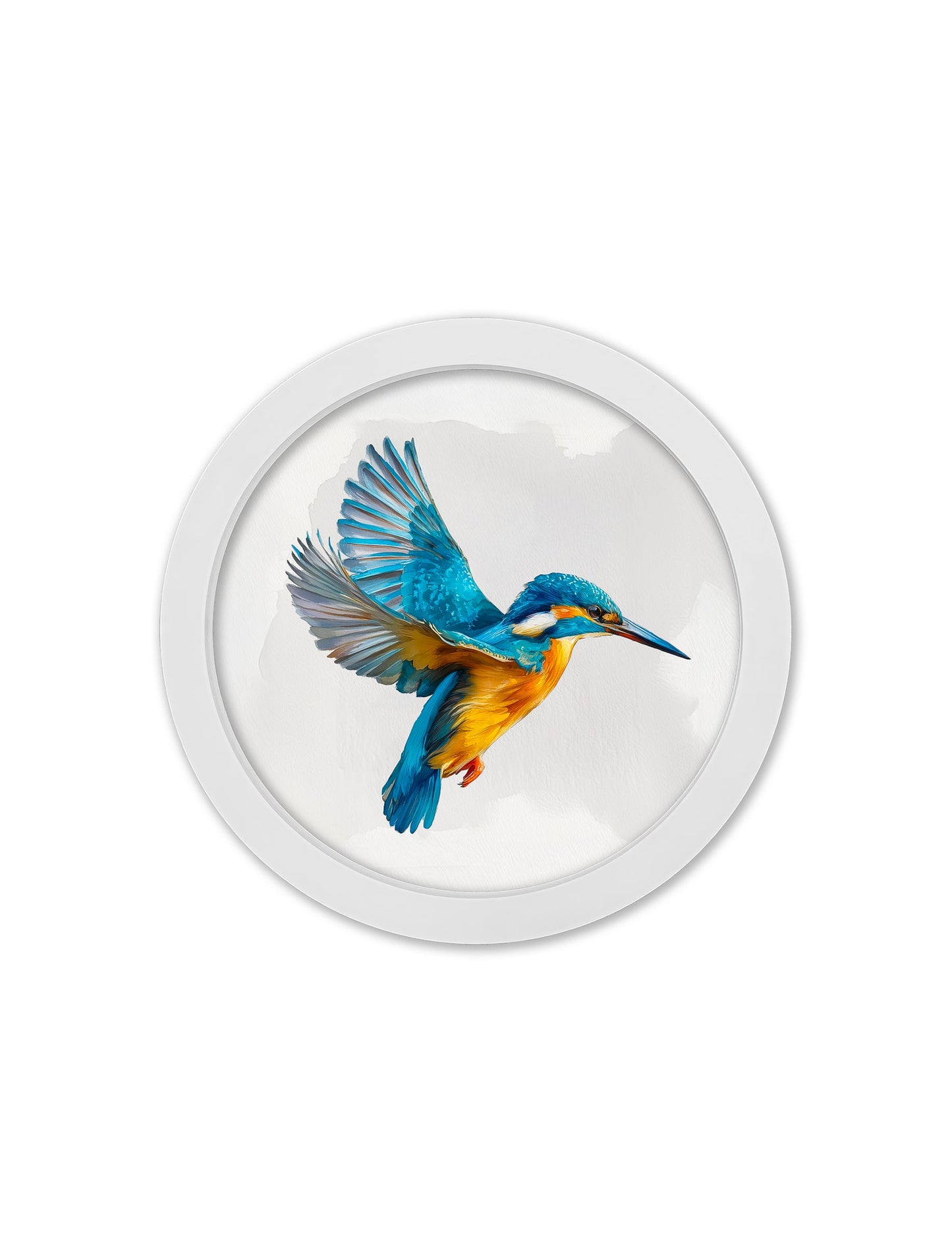 Watercolour Kingfishers – 30cm White Round Box Frame styled view – Leya Buster Interiors