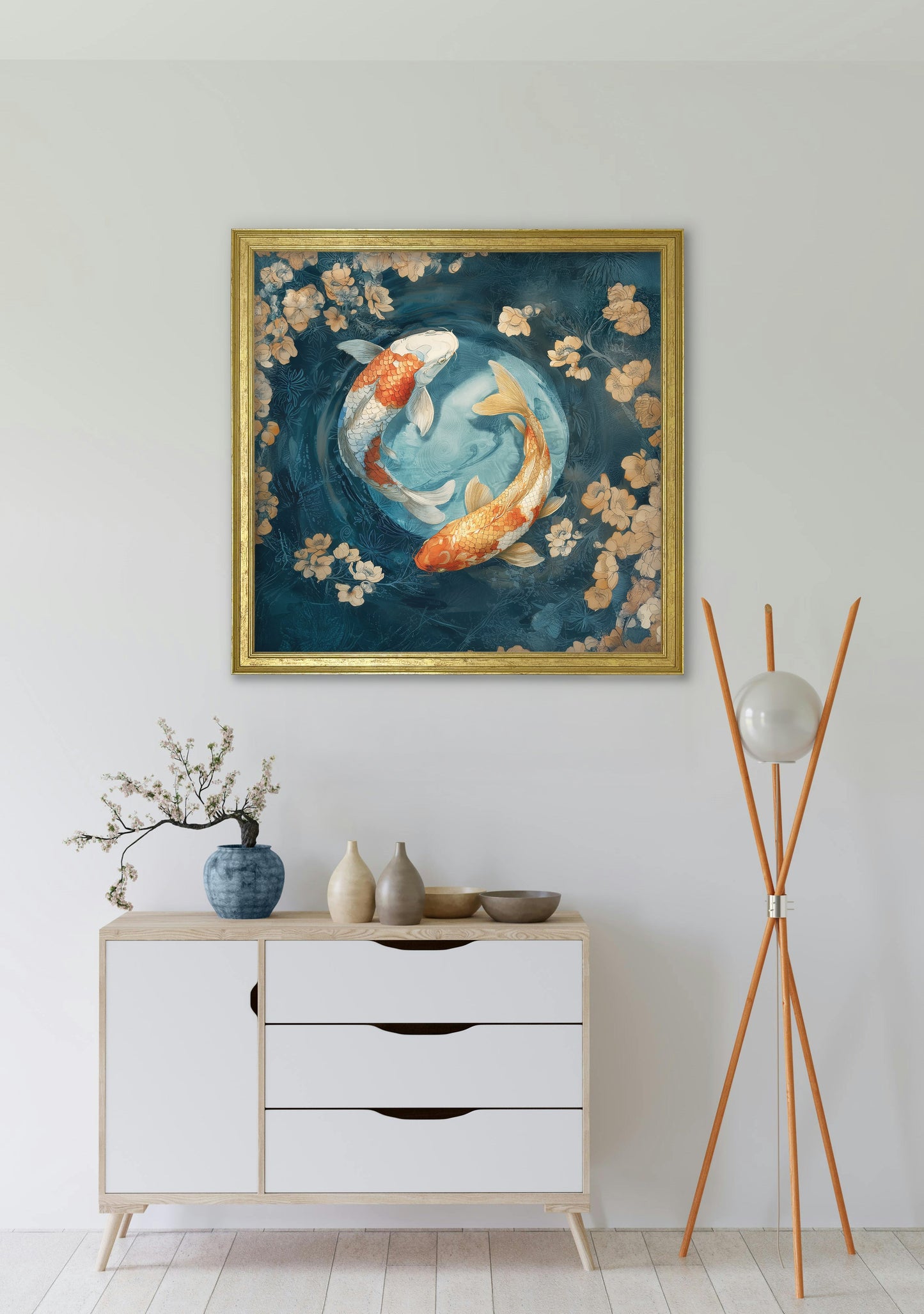 Japanese Koi Carp Dawn – Gold Hurstwood Square Frame styled view – Leya Buster Interiors