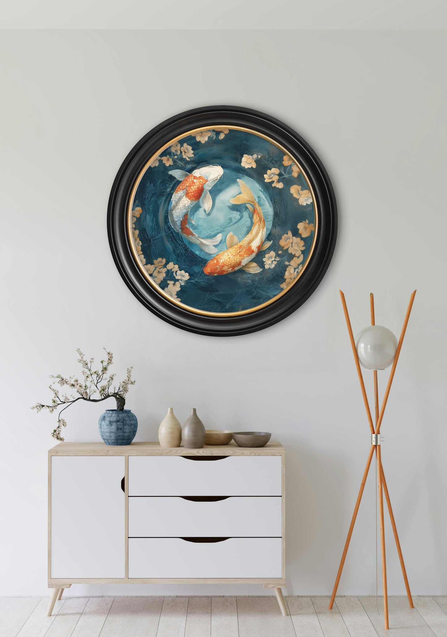 Japanese Koi Carp Dawn – Oxford Round Frame styled view – Leya Buster Interiors