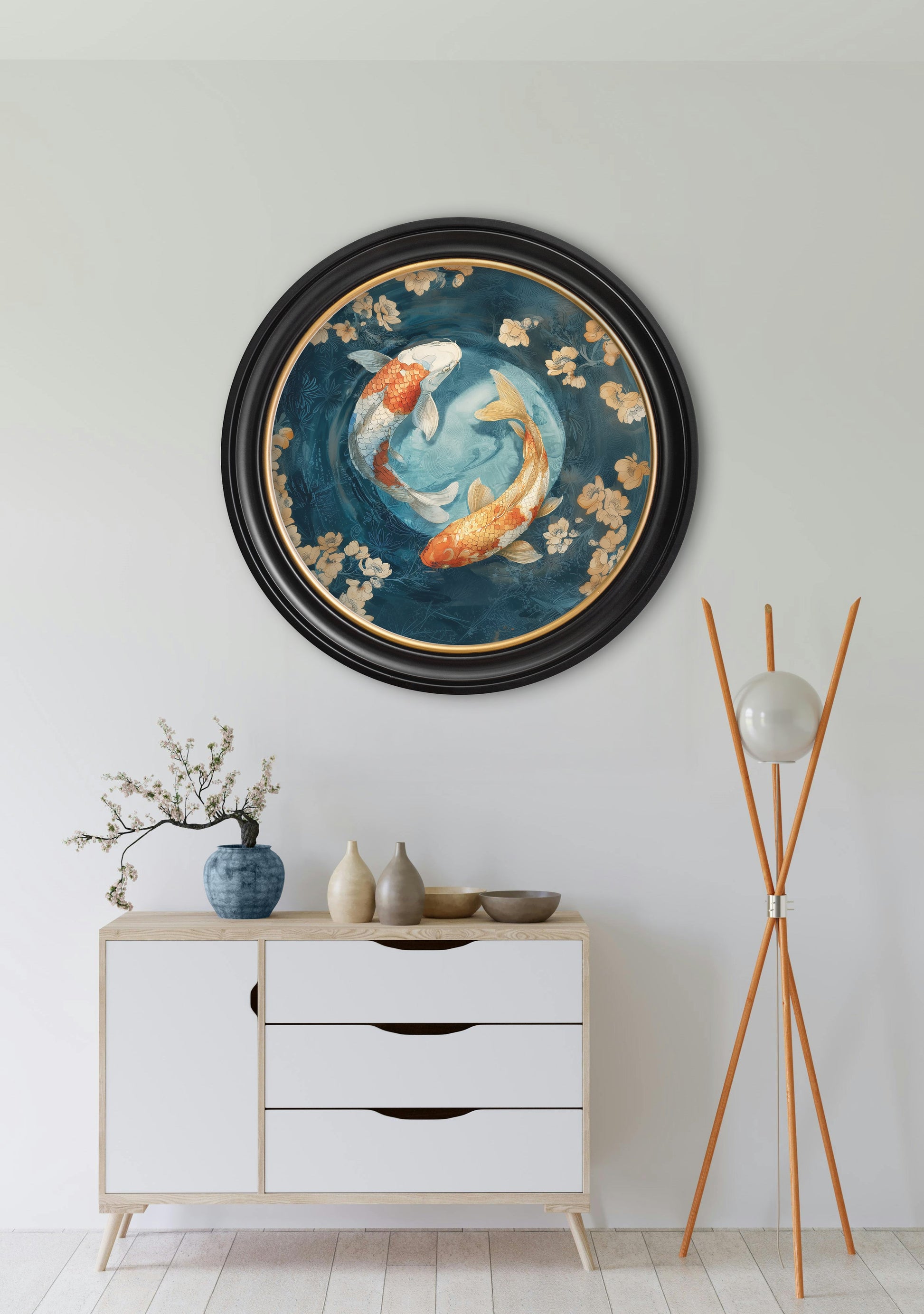 Japanese Koi Carp Dawn – Oxford Round Frame styled view – Leya Buster Interiors
