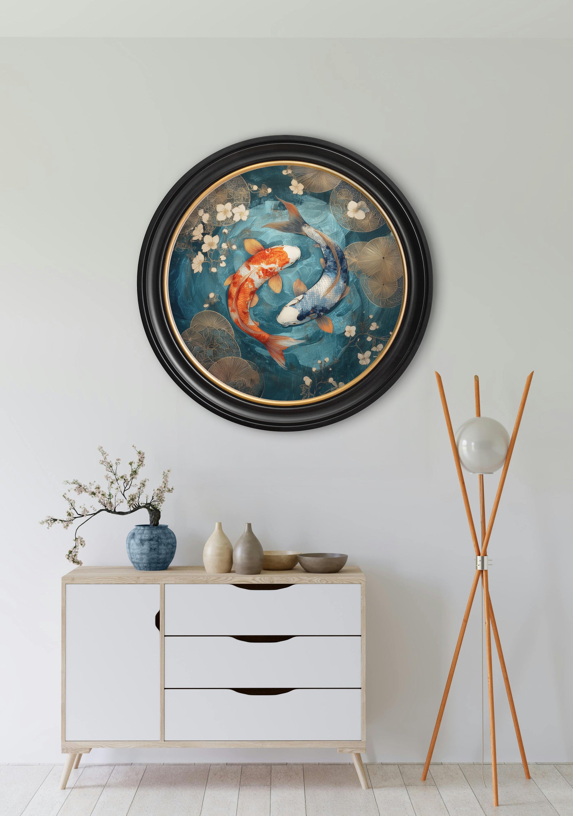 Japanese Koi Carp Dusk – Oxford Round Frame styled view – Leya Buster Interiors