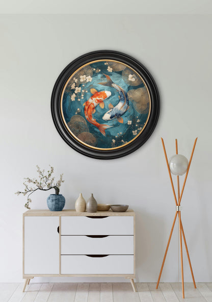 Japanese Koi Carp Dusk – Oxford Round Frame styled view – Leya Buster Interiors