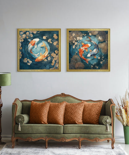 Japanese Koi Carp Dawn – Gold Hurstwood Square Frame – framed wall art at Leya Buster Interiors