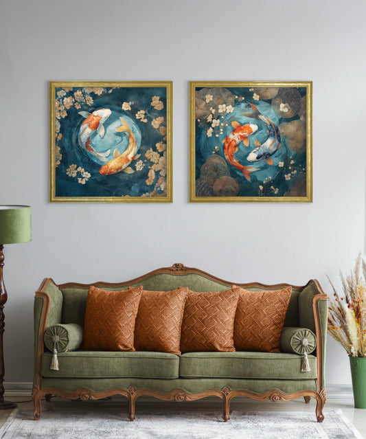 Japanese Koi Carp Dusk – Gold Hurstwood Square Frame – framed wall art at Leya Buster Interiors