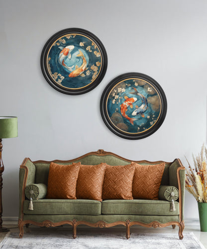 Japanese Koi Carp Dawn – Oxford Round Frame – framed wall art at Leya Buster Interiors