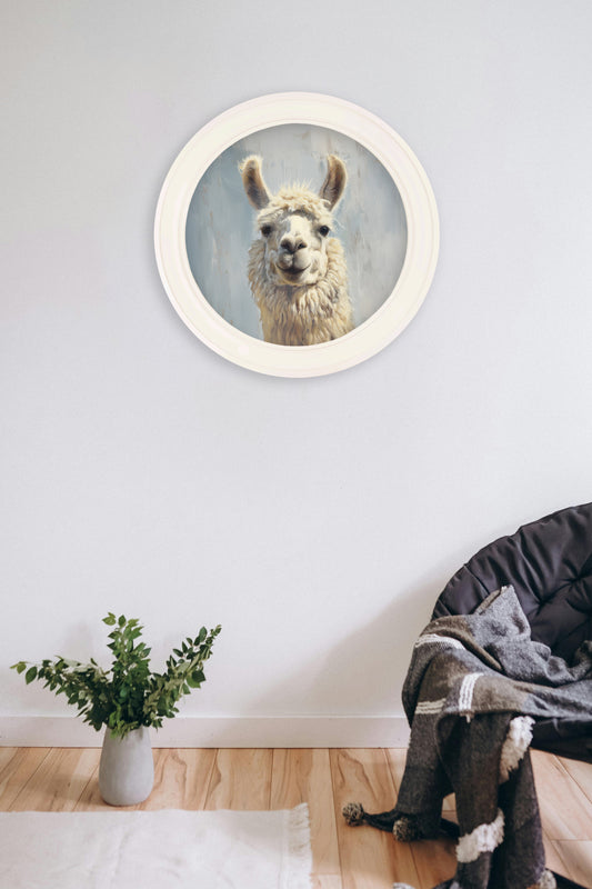 The Goofy Llama – Oxford Strong White Round Frame – framed wall art at Leya Buster Interiors