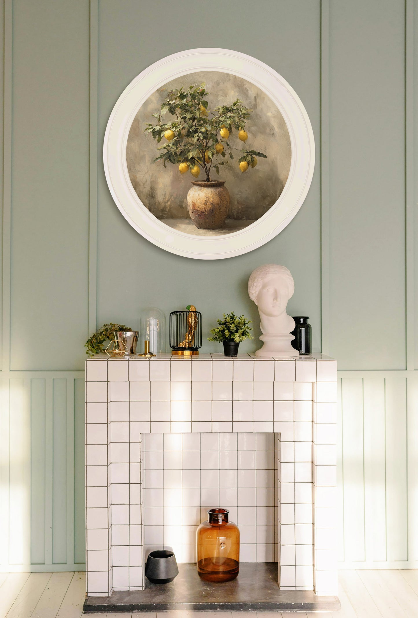 Mediterranean Lemon Tree – Oxford Strong White Round Frame – framed wall art at Leya Buster Interiors