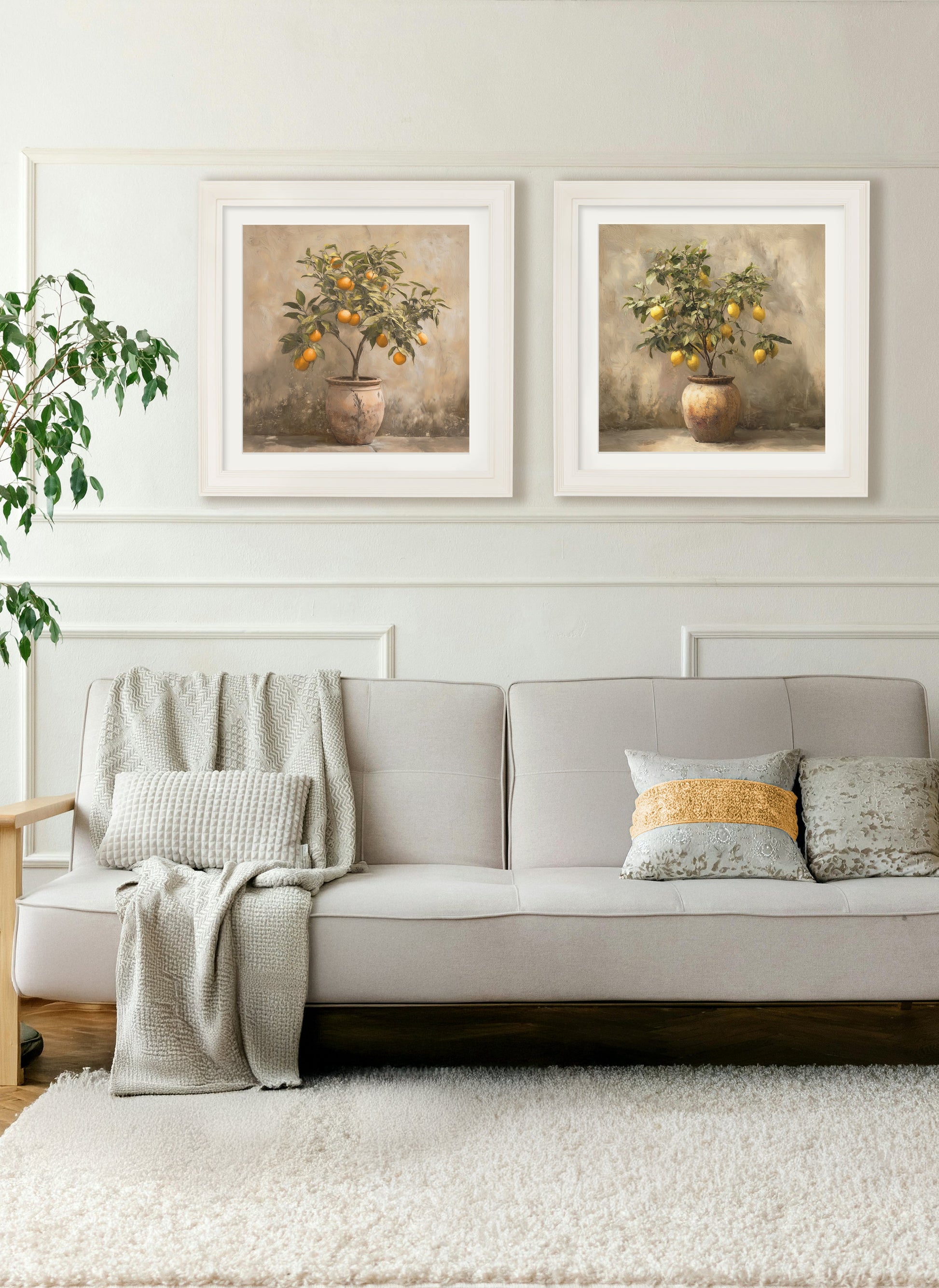 Mediterranean Lemon Tree – Cream Hurstwood Square Frame styled view – Leya Buster Interiors