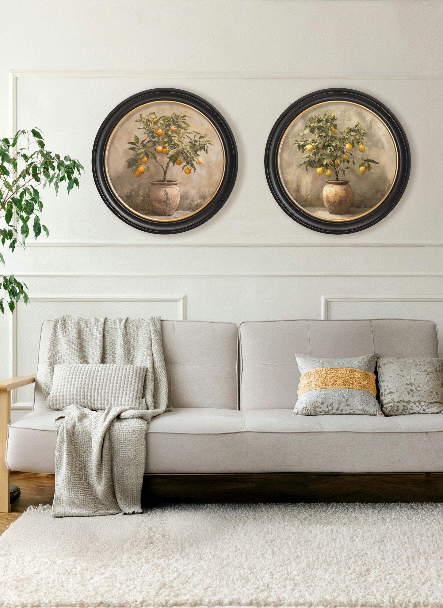Mediterranean Orange Tree – Oxford Round Frame styled view – Leya Buster Interiors