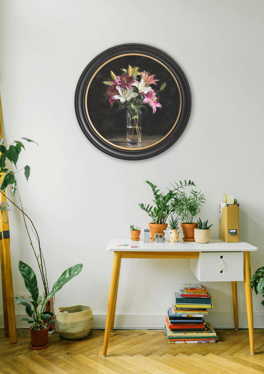 Lilies After Dark – Oxford Round Frame – framed wall art at Leya Buster Interiors