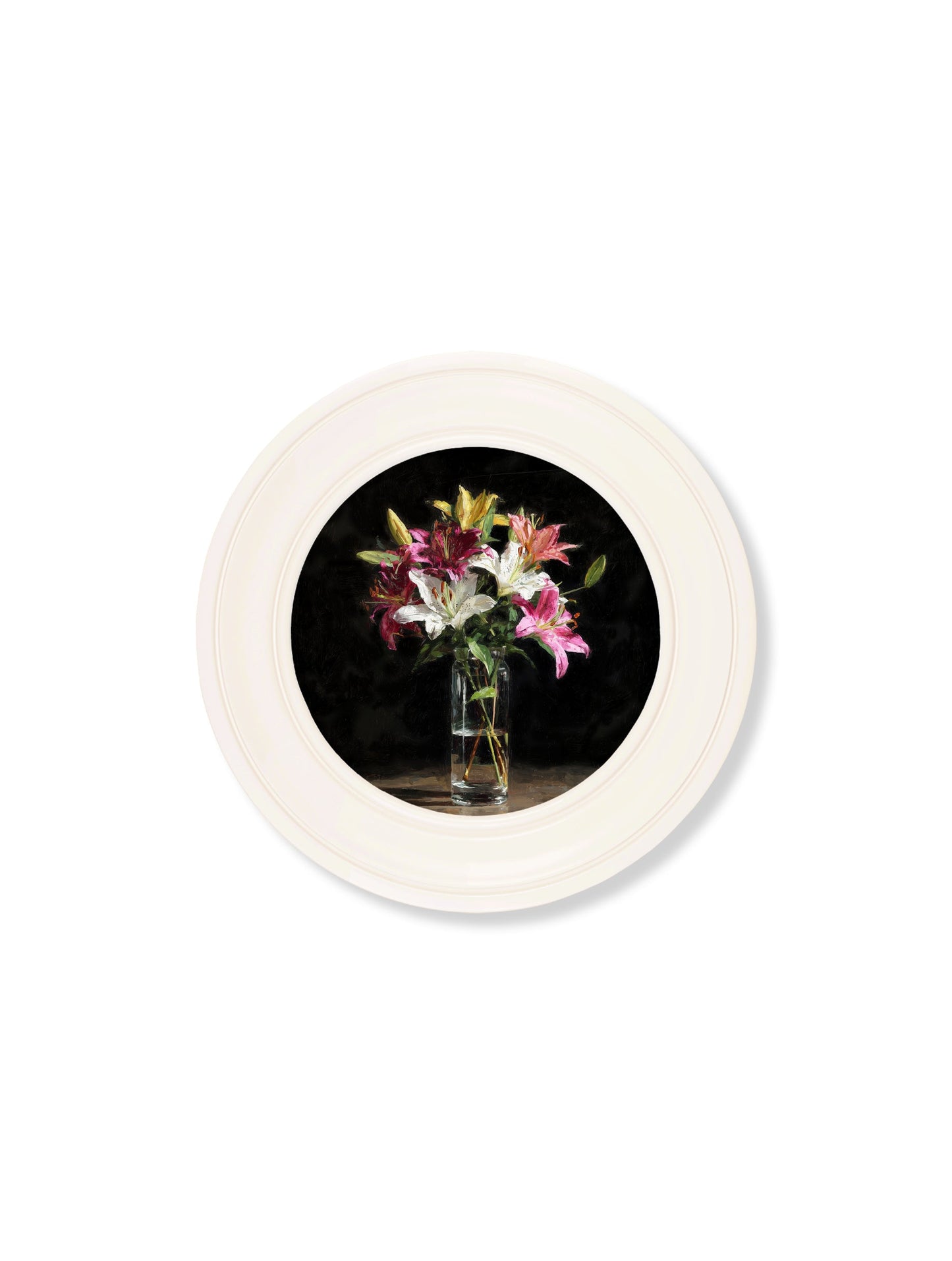 Lilies After Dark – Oxford Strong White Round Frame styled view – Leya Buster Interiors