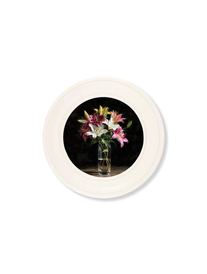 Lilies After Dark – Oxford Strong White Round Frame styled view – Leya Buster Interiors