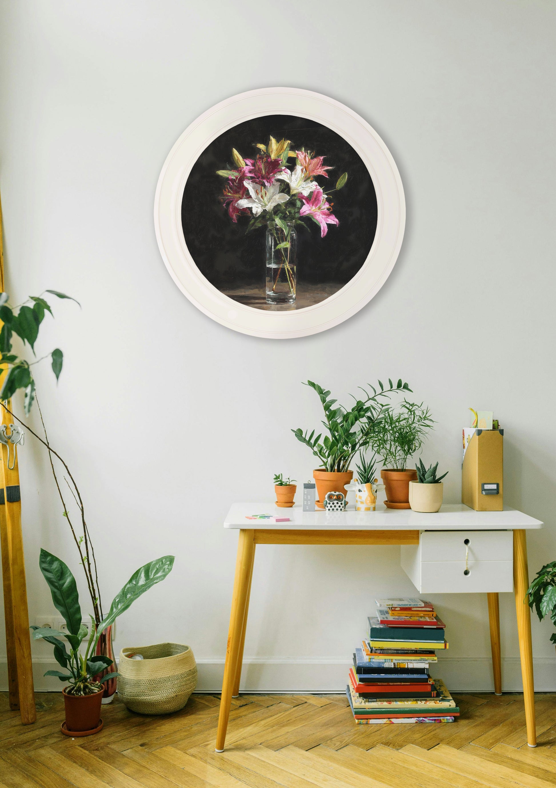 Lilies After Dark – Oxford Strong White Round Frame – framed wall art at Leya Buster Interiors