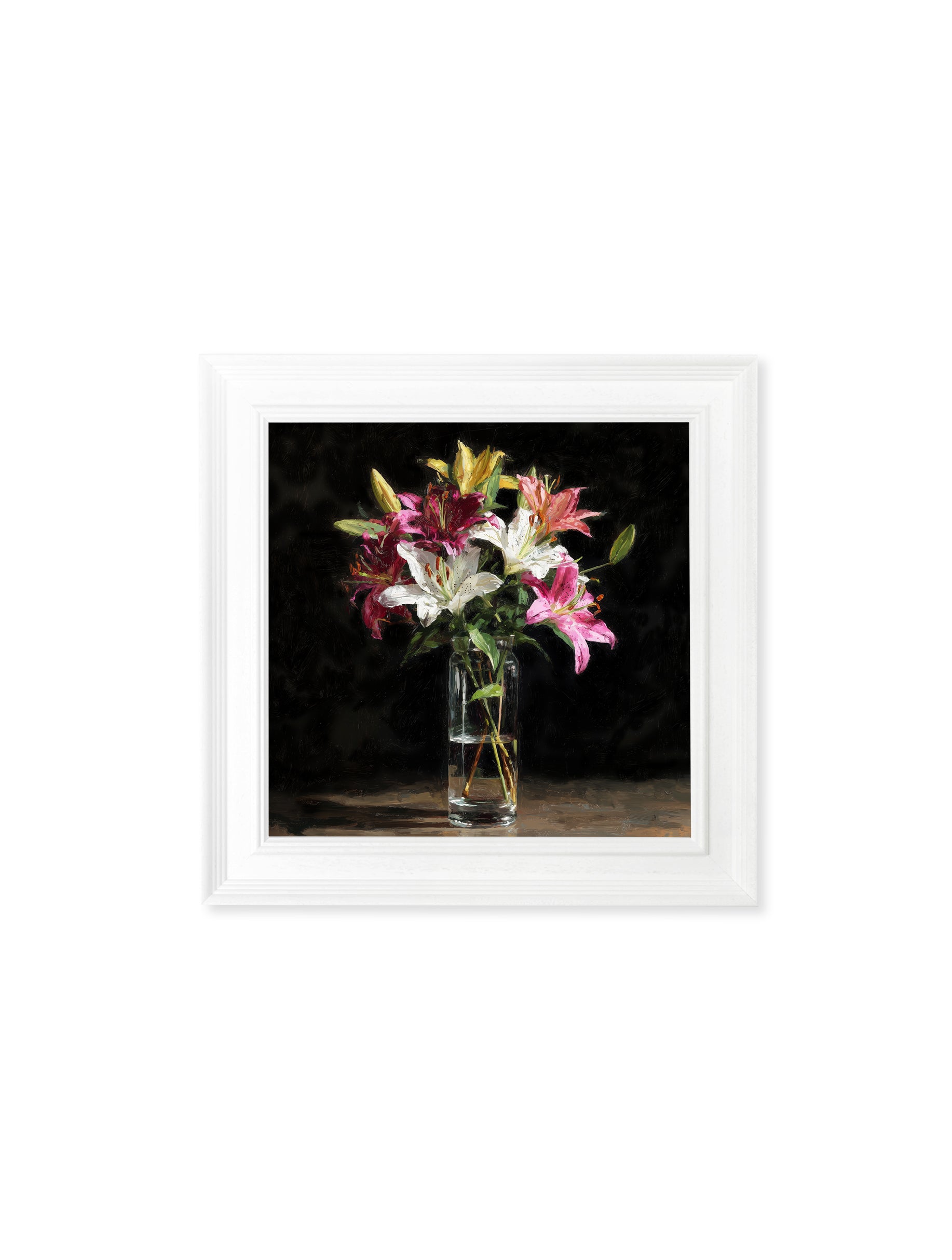 Lilies After Dark – White Hurstwood Square Frame styled view – Leya Buster Interiors