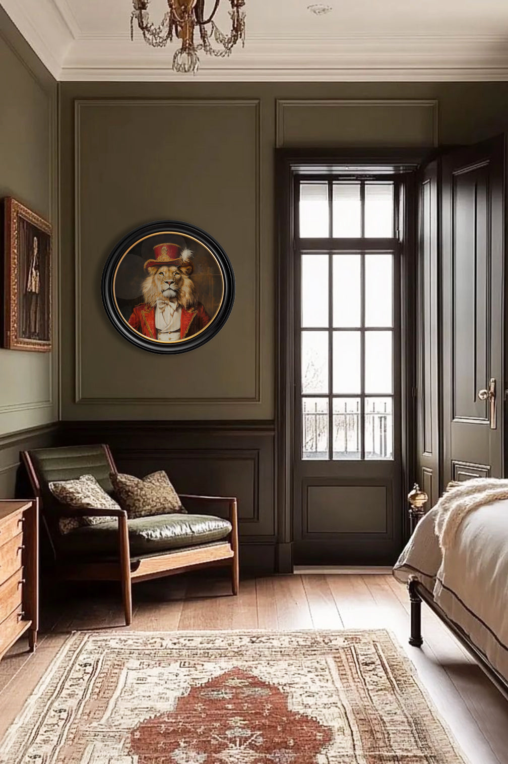 Maximum Mane – Circus Master Lion Oxford Round Frame – framed wall art at Leya Buster Interiors