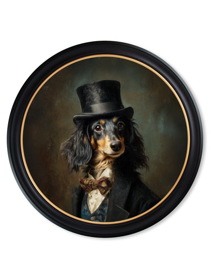 Sir Sausageworth – Gentleman Dachshund Oxford Round Frame styled view – Leya Buster Interiors