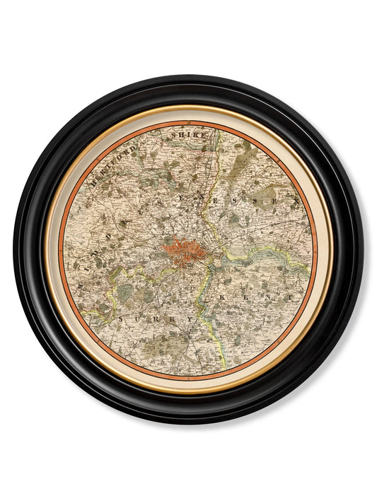 c.1839 Pigot & Co. New Map of the Environs London – Round – framed wall art at Leya Buster Interiors