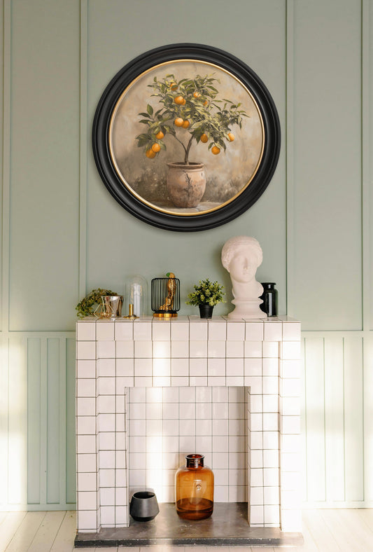 Mediterranean Orange Tree – Oxford Round Frame – framed wall art at Leya Buster Interiors