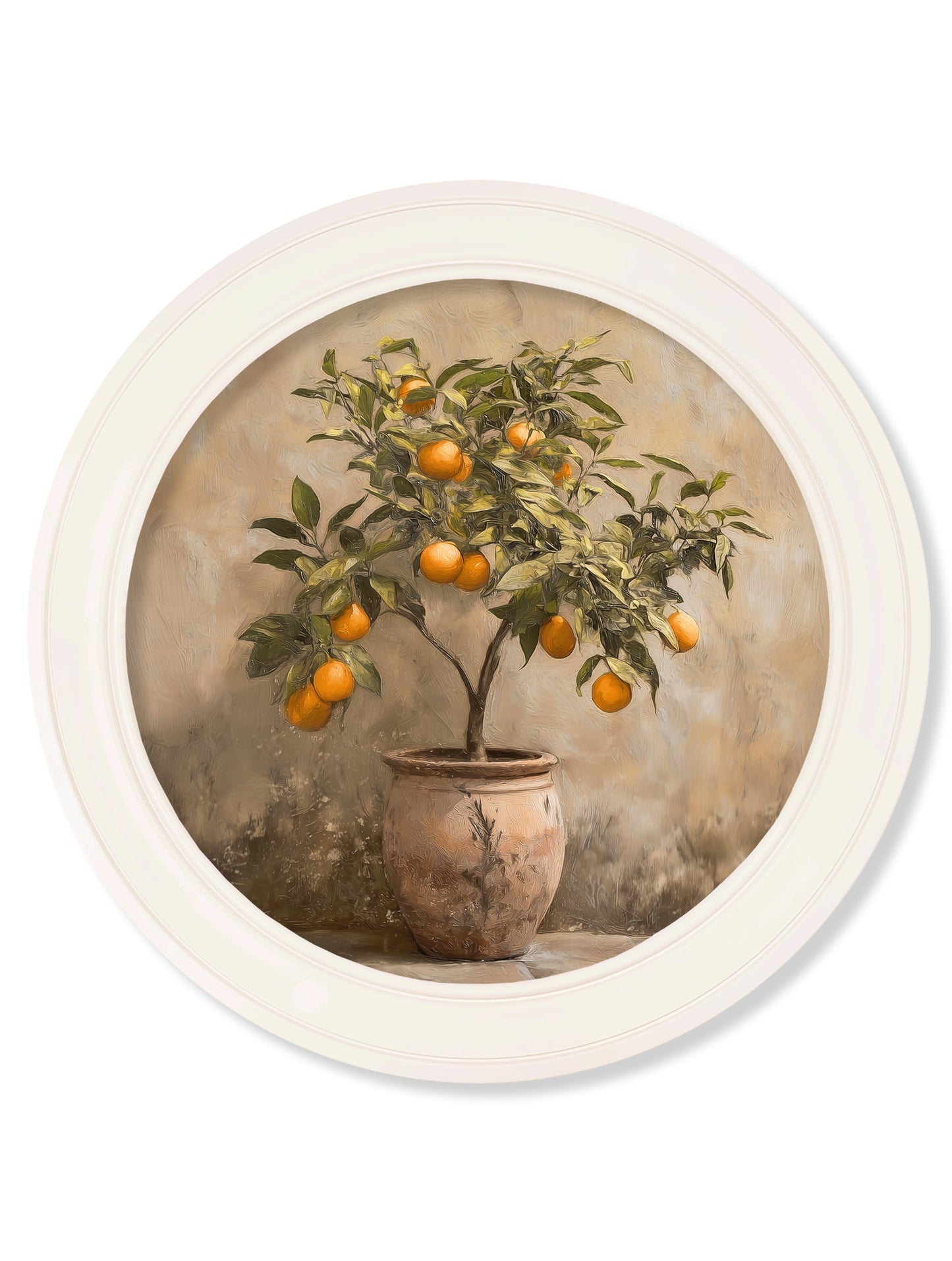 Mediterranean Orange Tree – Oxford Strong White Round Frame detail – Leya Buster Interiors