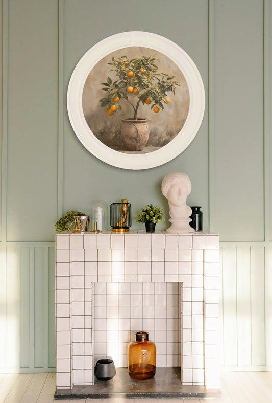 Mediterranean Orange Tree – Oxford Strong White Round Frame – framed wall art at Leya Buster Interiors