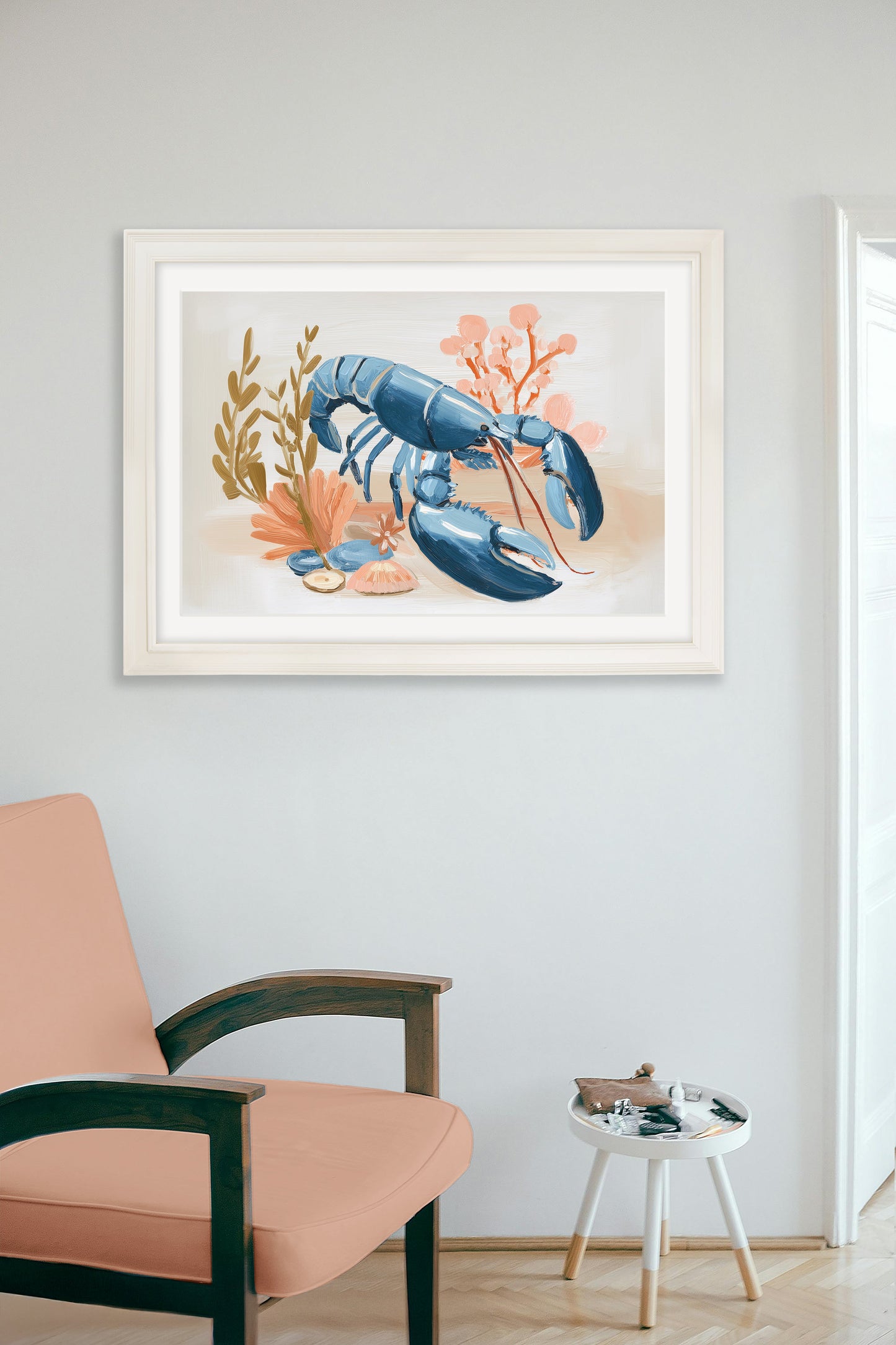 Pastel Shoreline Lobster & Crab – Cream Hurstwood Frame styled view – Leya Buster Interiors