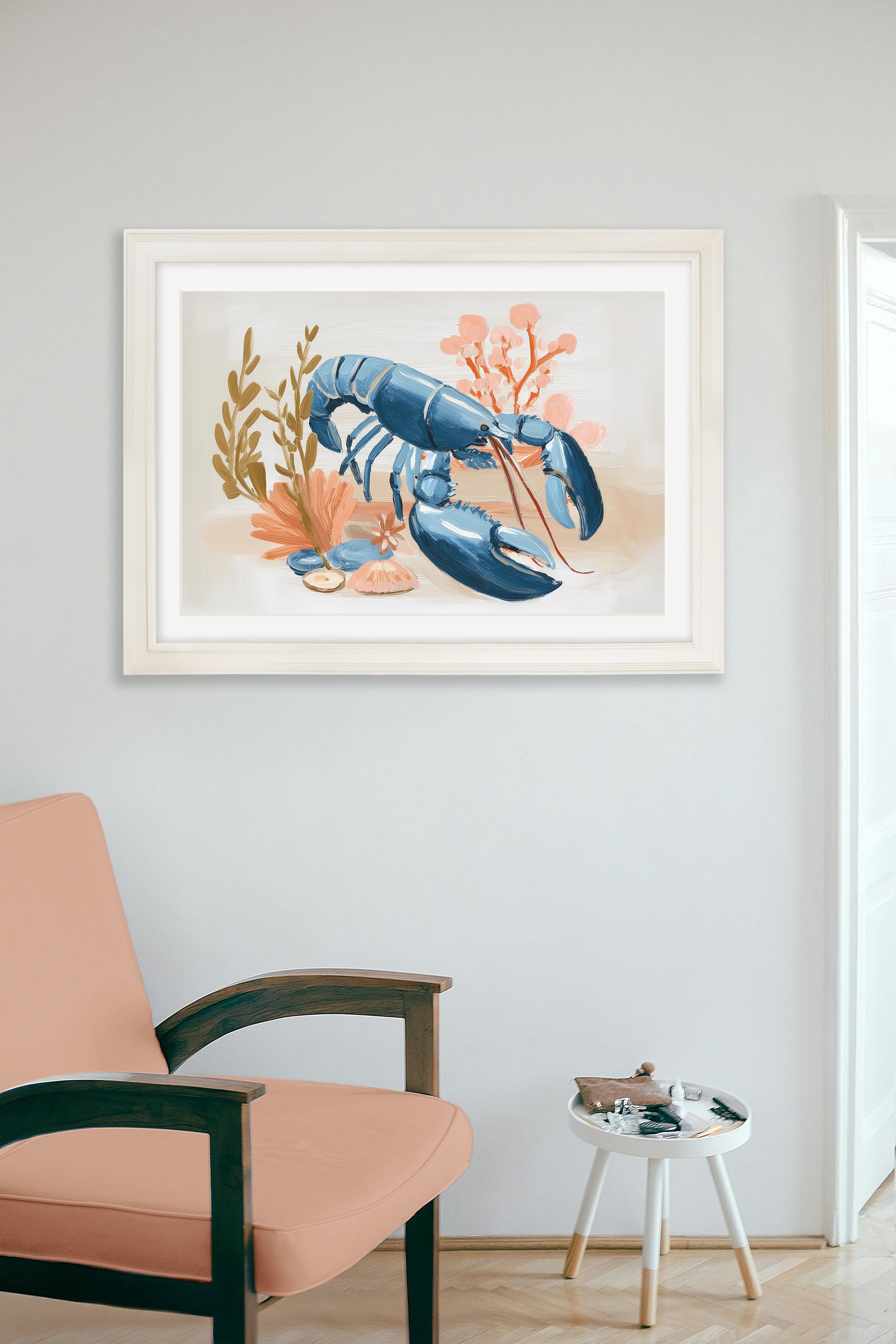 Pastel Shoreline Lobster & Crab – Cream Hurstwood Frame styled view – Leya Buster Interiors
