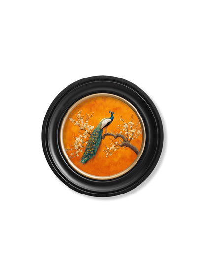 Peacocks In Saffron Garden – Oxford Round Frame styled view – Leya Buster Interiors