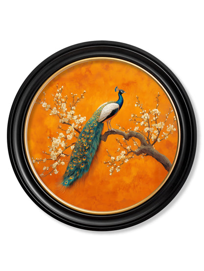 Peacocks In Saffron Garden – Oxford Round Frame styled view – Leya Buster Interiors