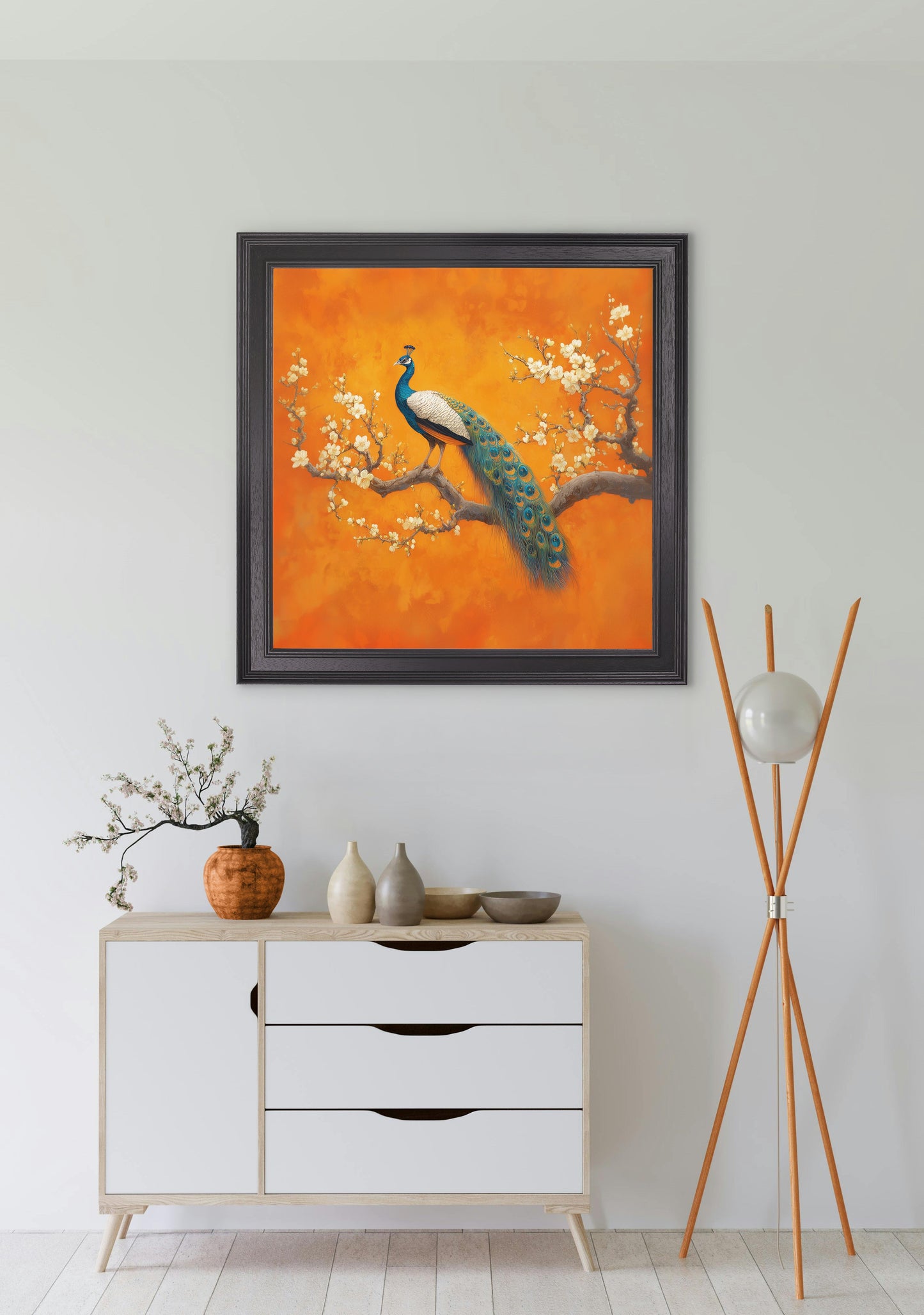 Peacocks In Saffron Garden – Black Hurstwood Square Frame styled view – Leya Buster Interiors
