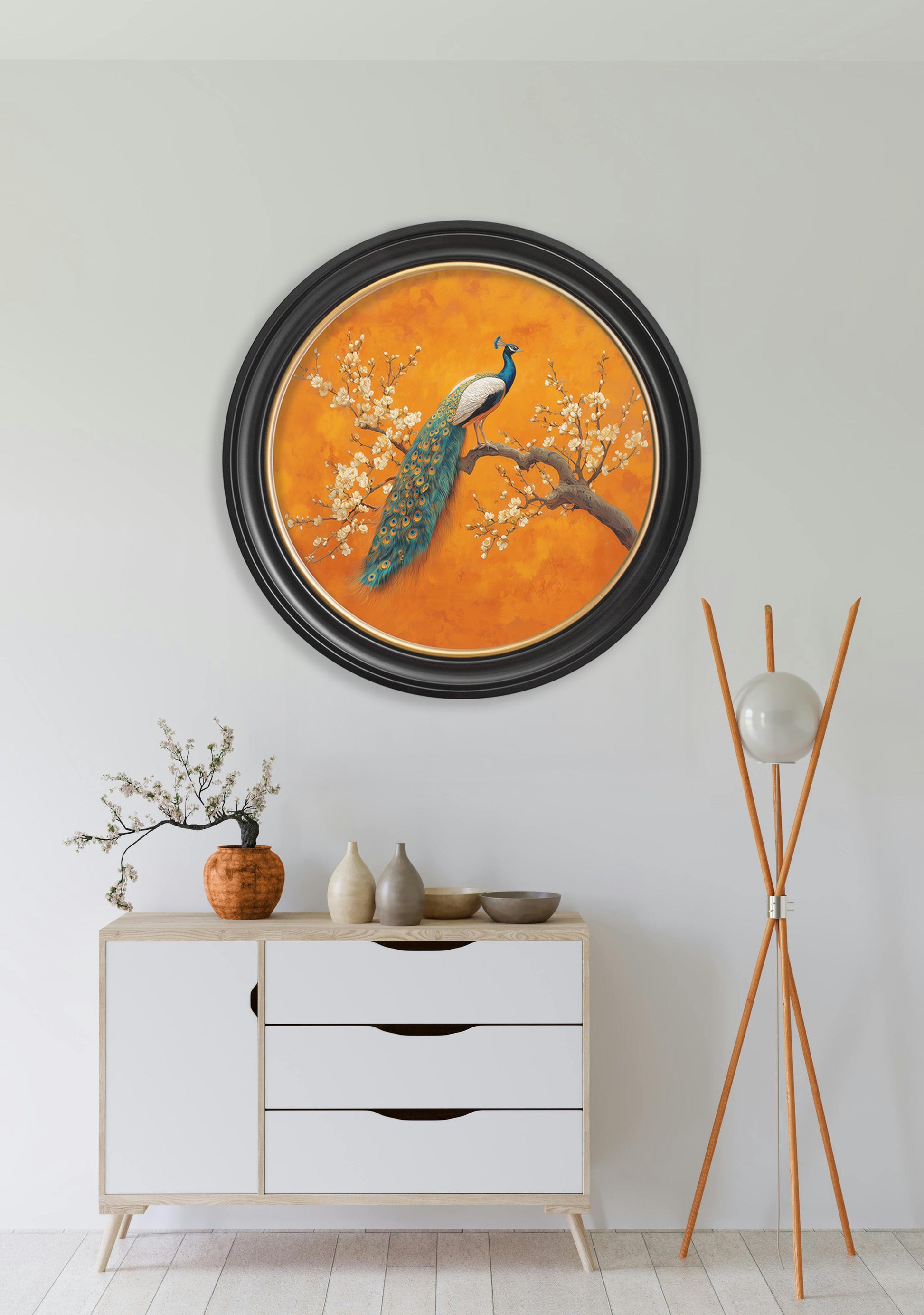Peacocks In Saffron Garden – Oxford Round Frame styled view – Leya Buster Interiors
