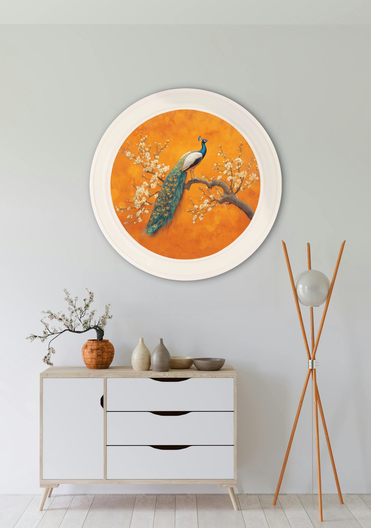 Peacocks In Saffron Garden – Oxford Strong White Round Frame styled view – Leya Buster Interiors