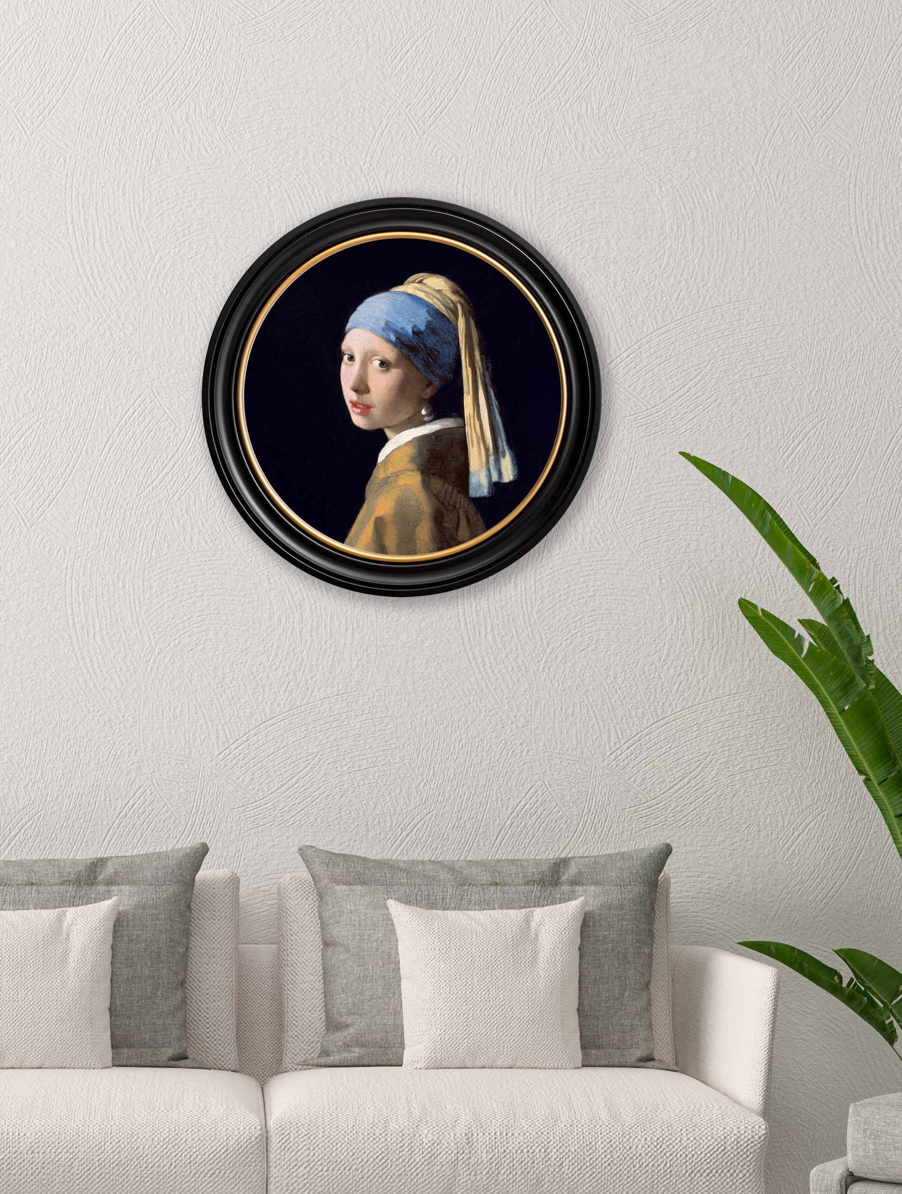 c.1665 Girl with a Pearl Earring – Round Frame J Vermeer – framed wall art at Leya Buster Interiors