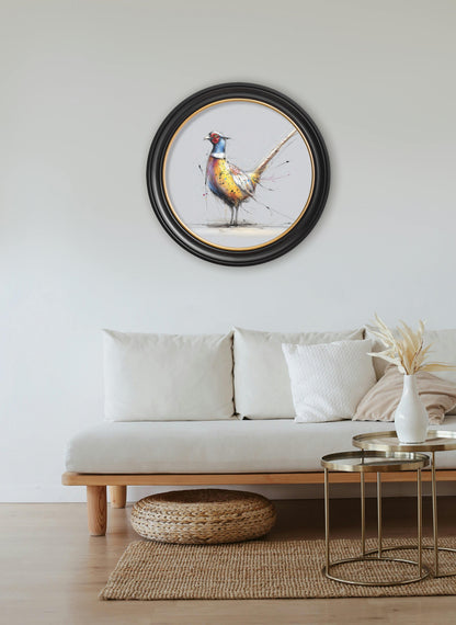 Plump Pheasant Cosy Sketch – Oxford Round Frame – framed wall art at Leya Buster Interiors