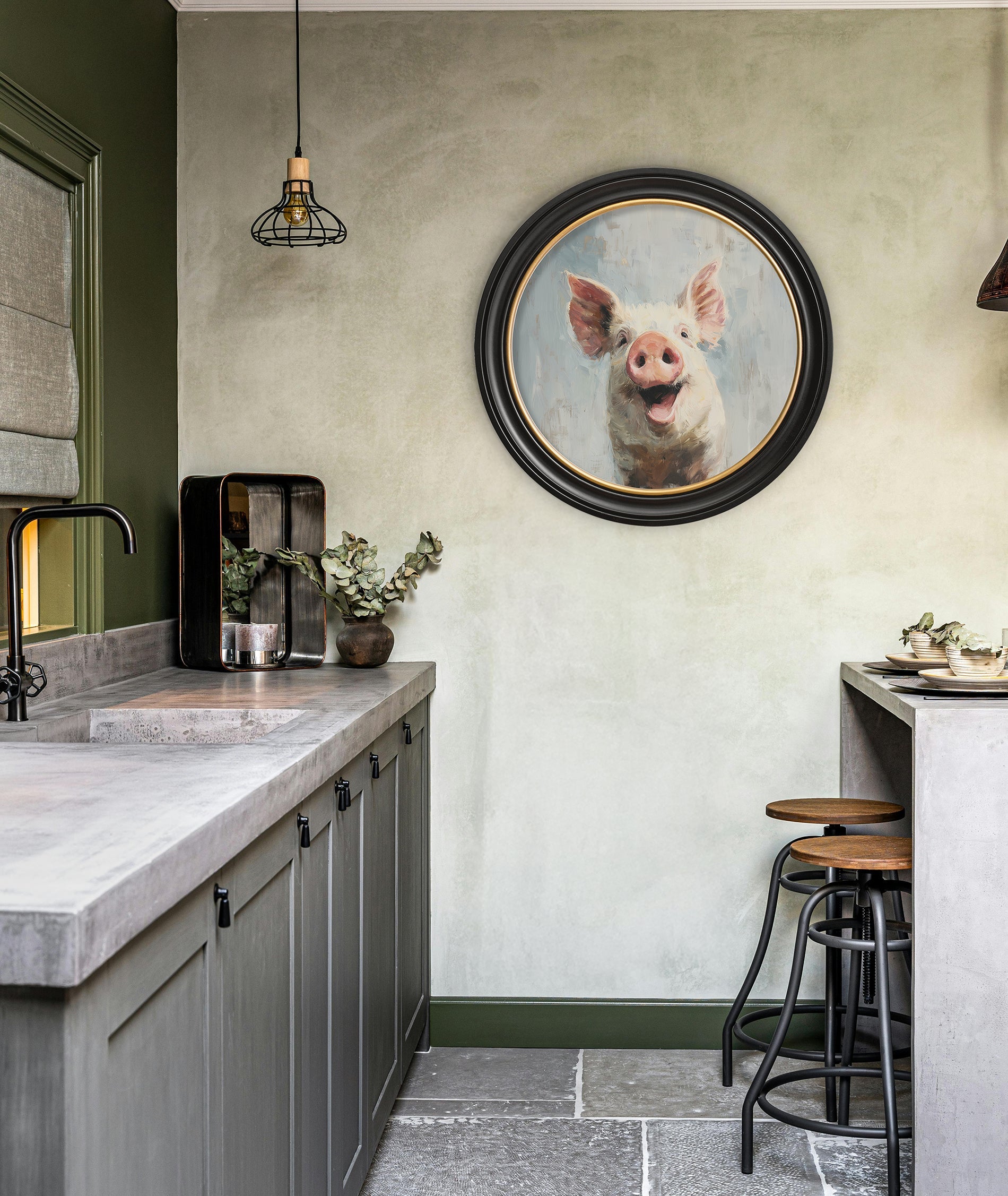 The Giggly Pig – Oxford Round Frame – framed wall art at Leya Buster Interiors