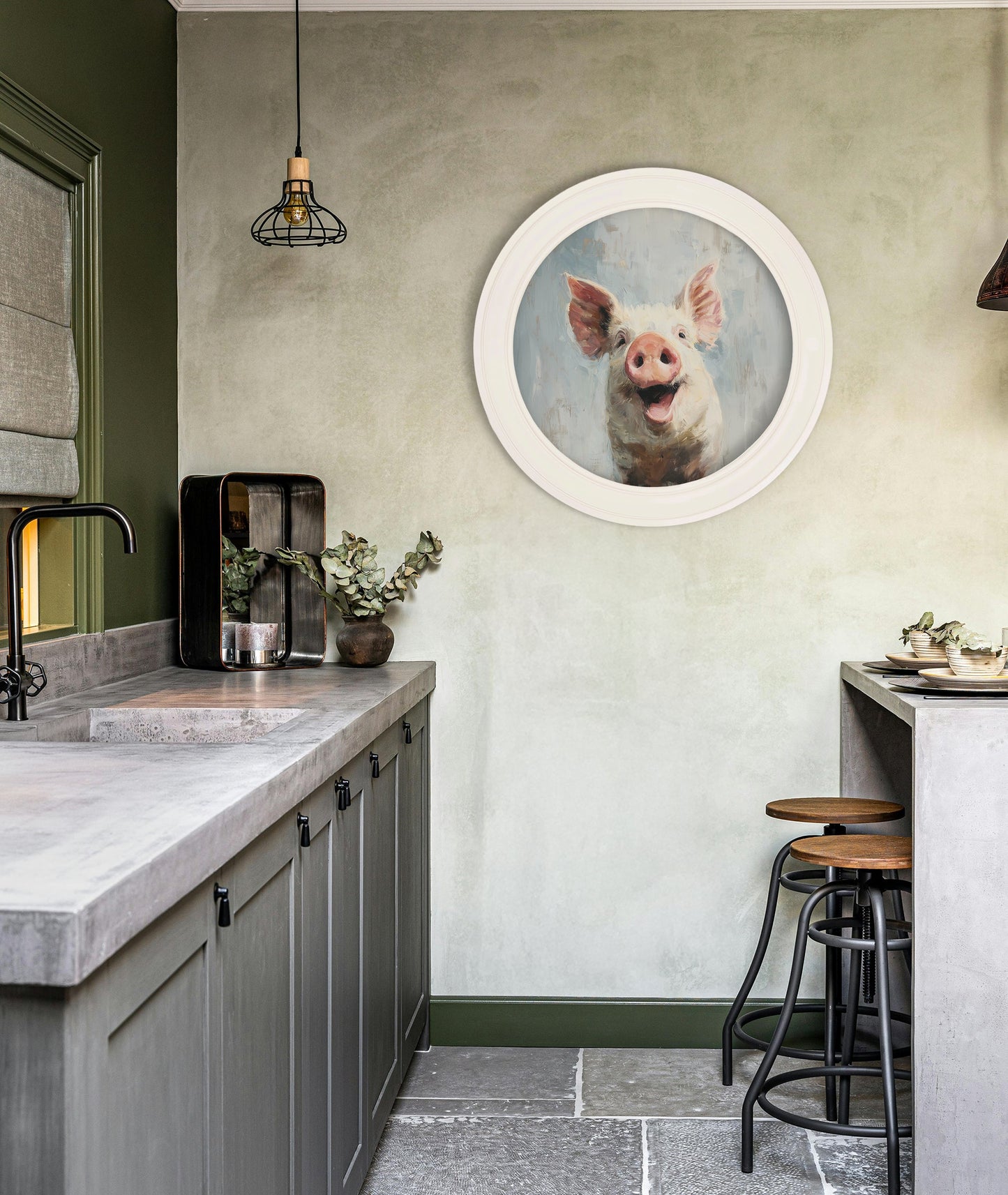 The Giggly Pig – Oxford Strong White Round Frame – framed wall art at Leya Buster Interiors