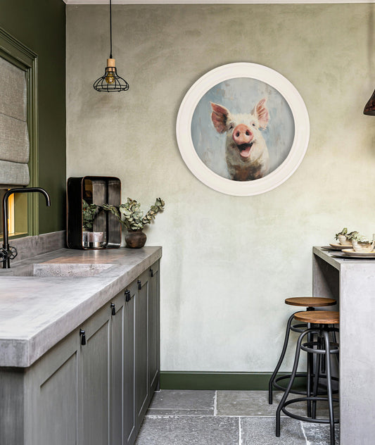 The Giggly Pig – Oxford Strong White Round Frame – framed wall art at Leya Buster Interiors
