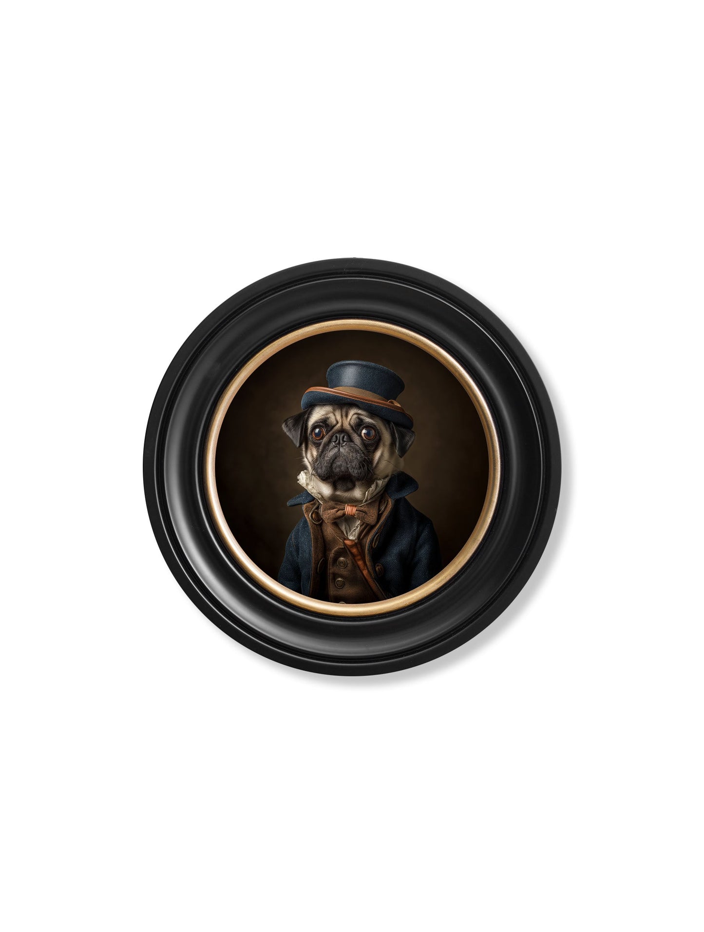 Sir Puggington – Gentleman Pug Oxford Round Frame styled view – Leya Buster Interiors