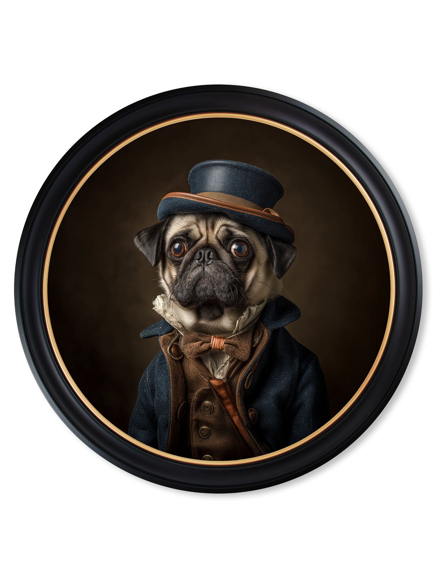 Sir Puggington – Gentleman Pug Oxford Round Frame styled view – Leya Buster Interiors